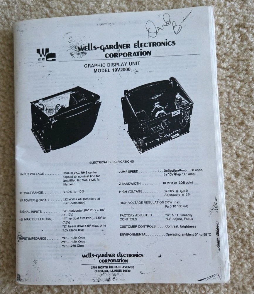 Wells-Gardner Electronics Corporation Graphic Display Unit Model 19V2000 Manual