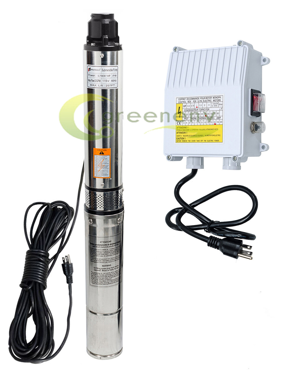 4''Deep Well Submersible Pump 1HP 207' 37GPM 110V Stainless Steel w/ Control Box