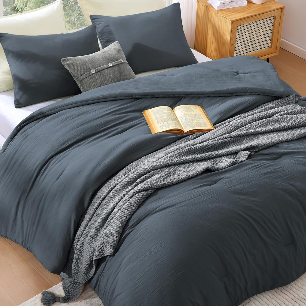 Queen Comforter Set - 3 Pieces Prewashed Blue Grey Comforter Soft Lightweight fo