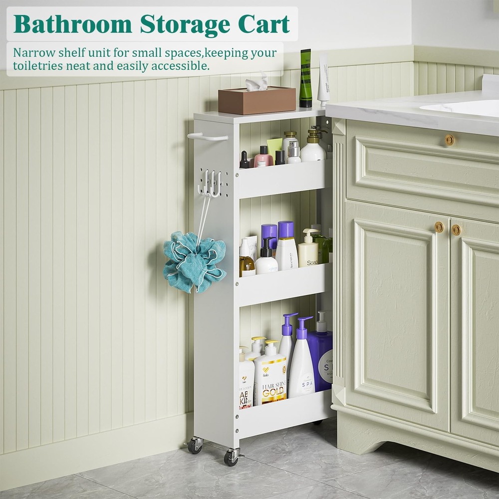 4 Tier Rolling Kitchen Storage Cart 5.9in Width White Carts Slim Wheels Small