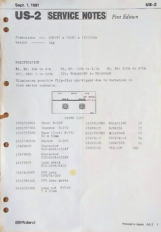 Roland US-2 Foot Selector Switch Original Service Manual / Schematics Notes