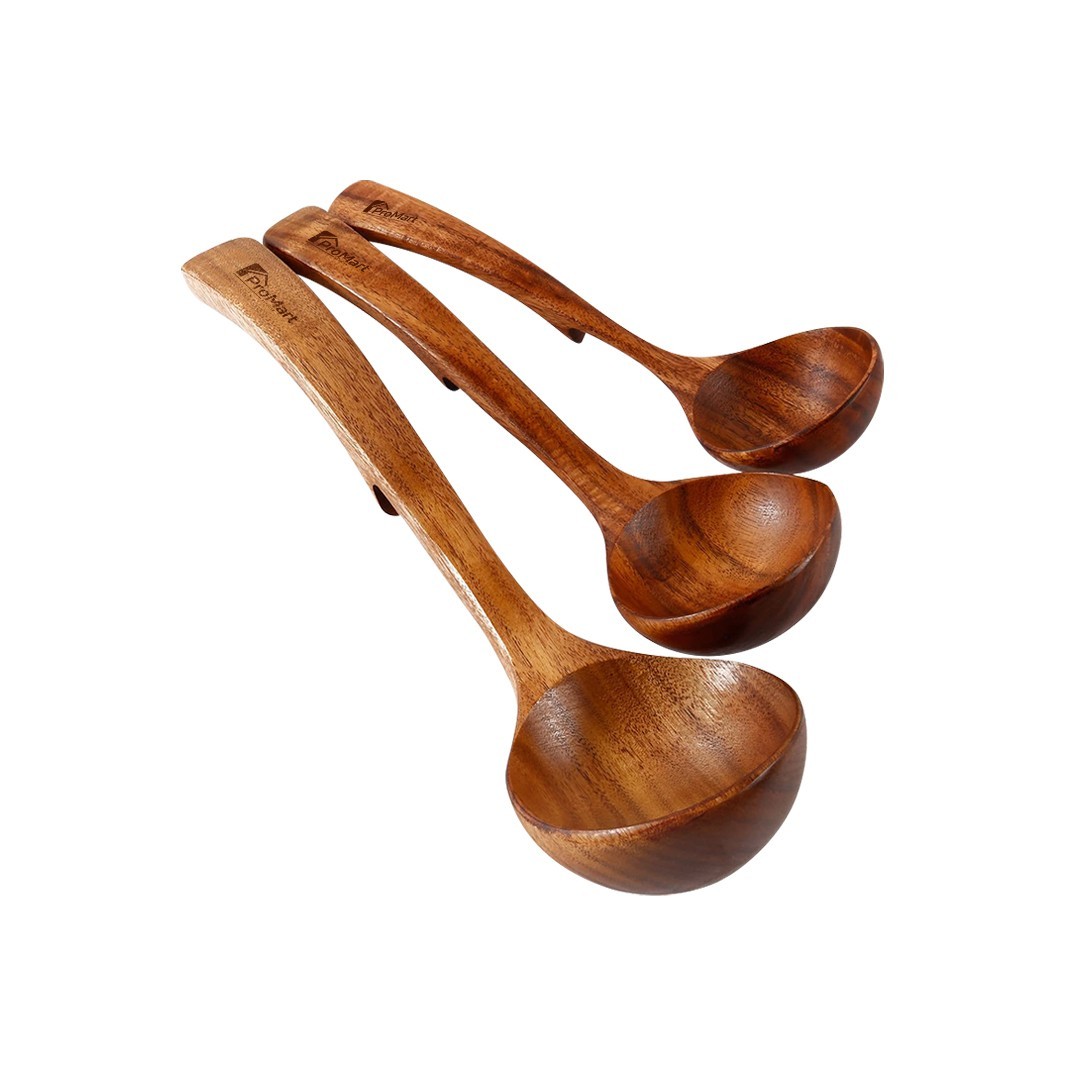 Teak Wood Ladle Set - 3 Sizes with Back Hooks for Soup, Cooking, Serving & Stirr