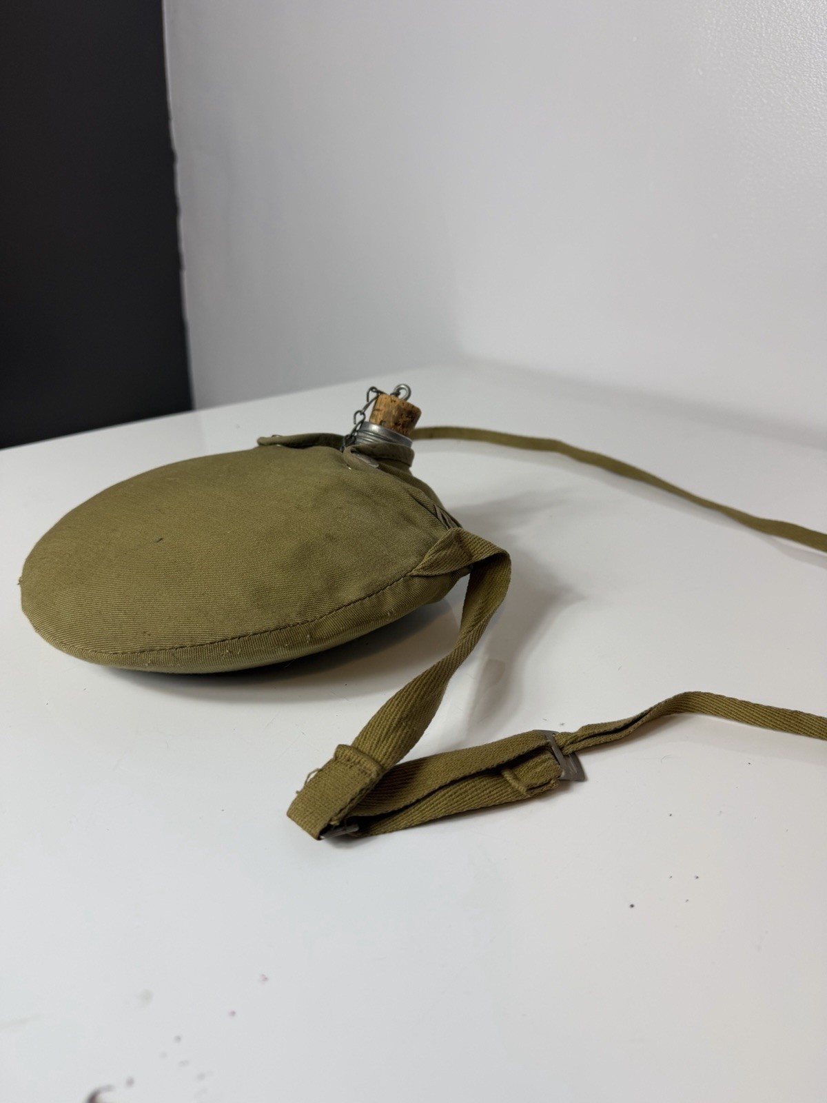 Vintage Military Metal Canteen W/Cloth Carrier, Cork Stop, Adjustable Strap