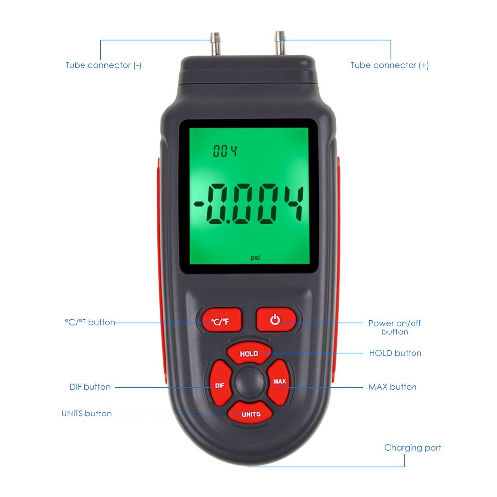 Handheld Manometer Dual Differential Digital Gas Pressure Tester with Backlight