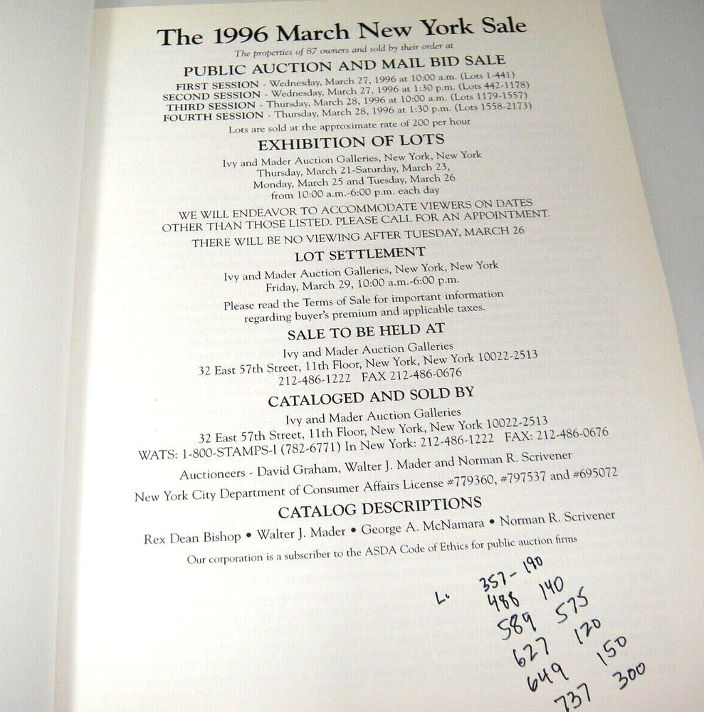 Ivy Stamp Auction Catalog 1996 Errors Plate Blocks State Duck Stamps Covers