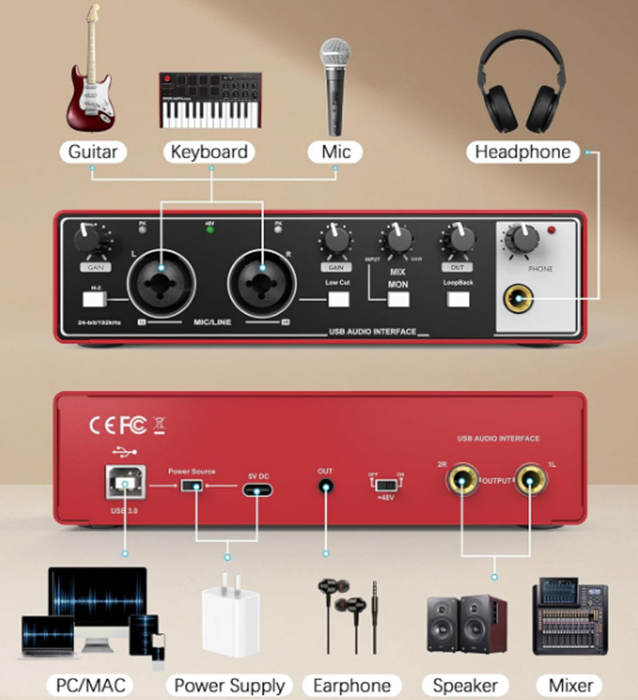 USB Audio Interface for Beginners 24Bit/192kHz 48V Phantom Plug&Play Recording