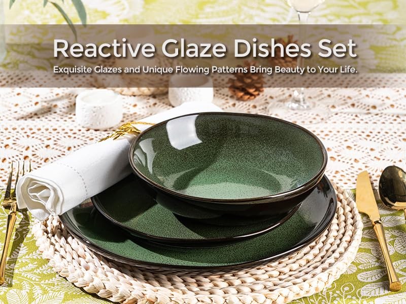 Ceramic Dinnerware Sets for 4,Wavy Service for 4-12pcs Wavy-Modern Green