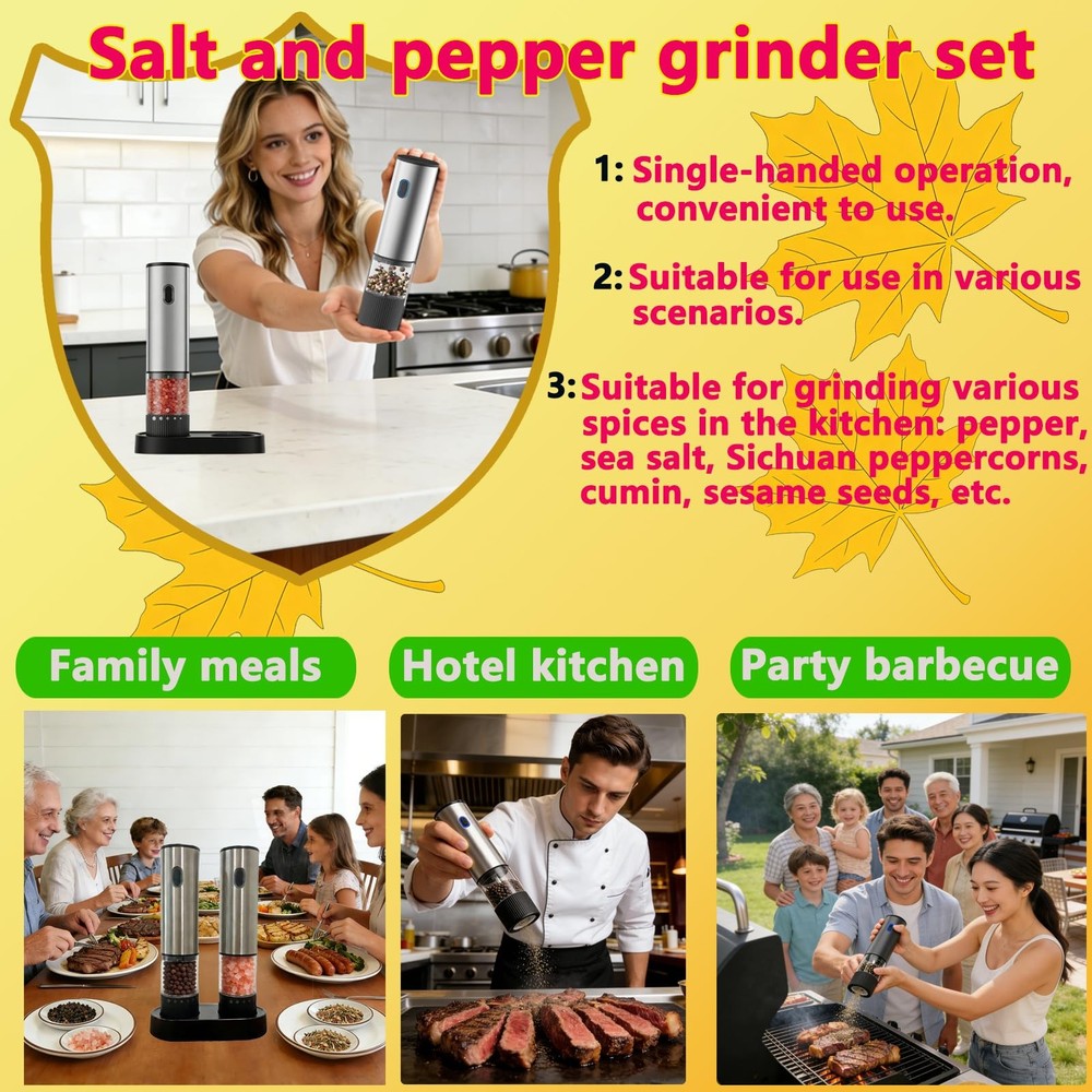 Salt and Pepper Grinder Set Rechargeable Automatic Mills with Light Adjustabl...