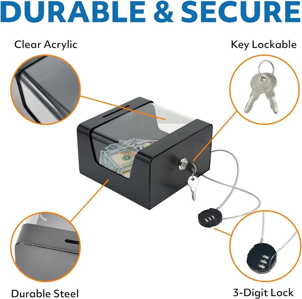 Steel Locking Tip Box - Heavy Duty Secure Tip Jar with Combination Cable Lock