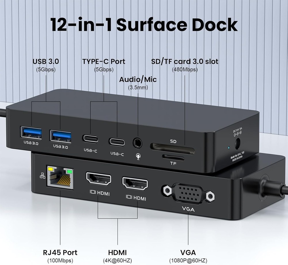12-in-1 Surface Dock, Triple Display Support with 2 HDMI + VGA, Surface Docking
