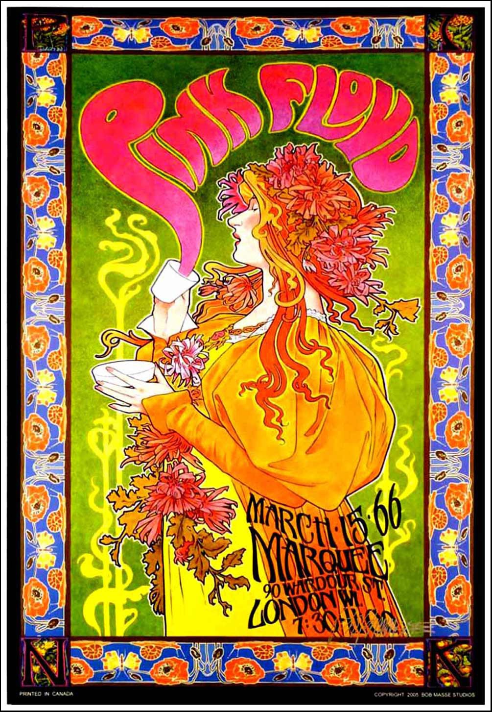 Hand Signed Pink Floyd Marquee Club Poster Mad Hatter Tea Party by Bob Masse COA
