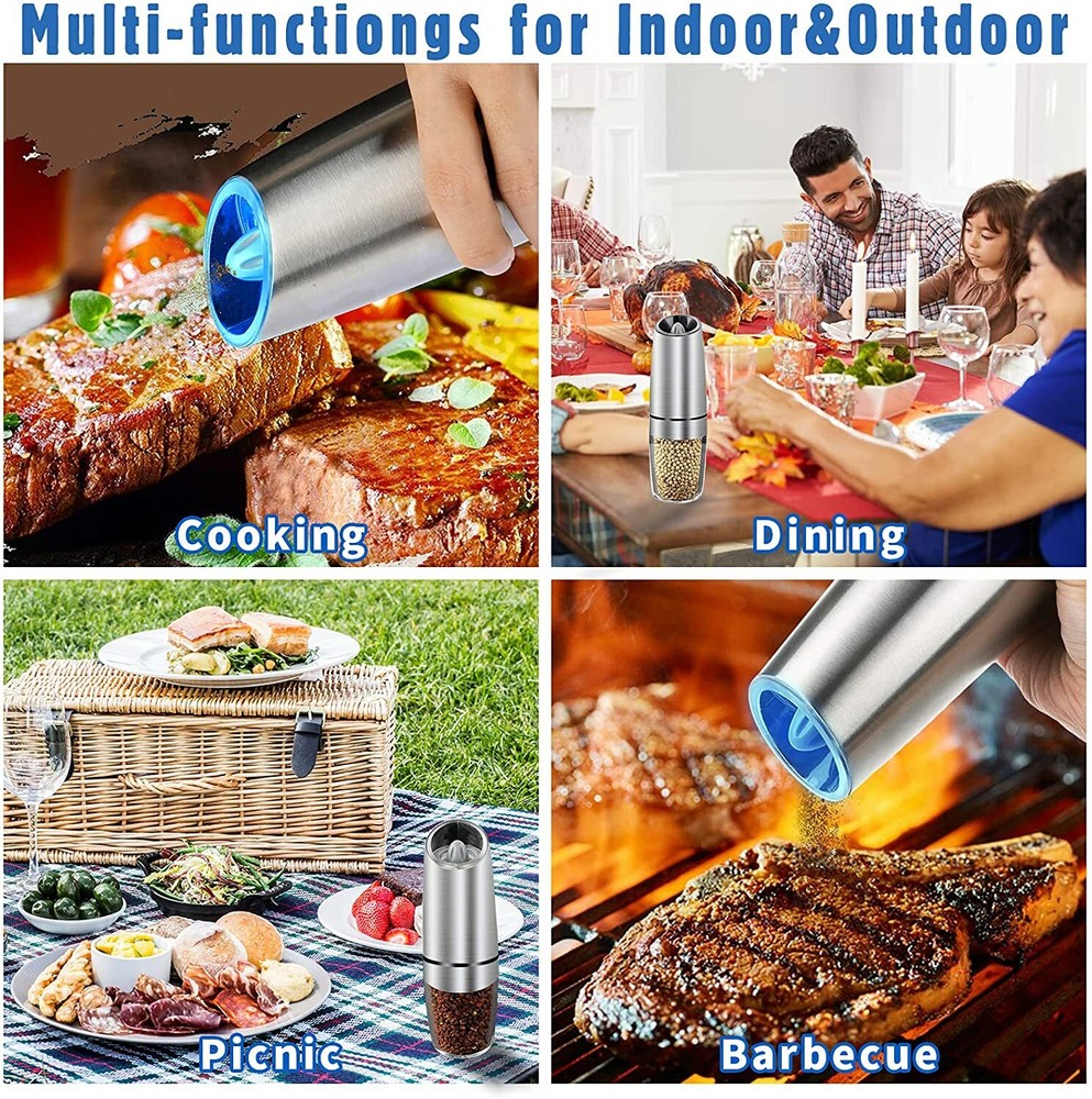 2PCS Electric Battery Salt Pepper Grinder Adjustable Shakers Automatic Stainless
