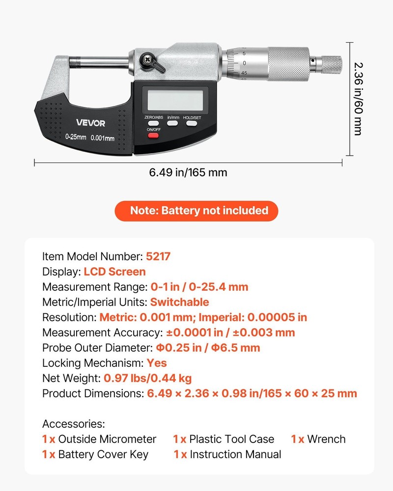 Digital Micrometer Set 0-1" LCD Ultra-Precision Carbide Tip Case