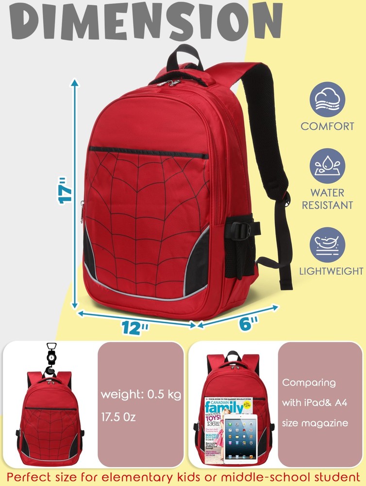 Boys Backpack for Kindergarten Elementary School, Large Compartments, 17" Red