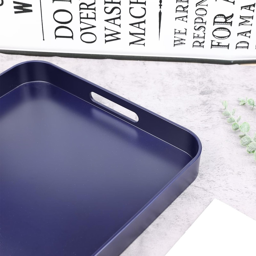 Square Navy Blue Decorative Serving Tray with Handles, Versatile Ottoman Tray...