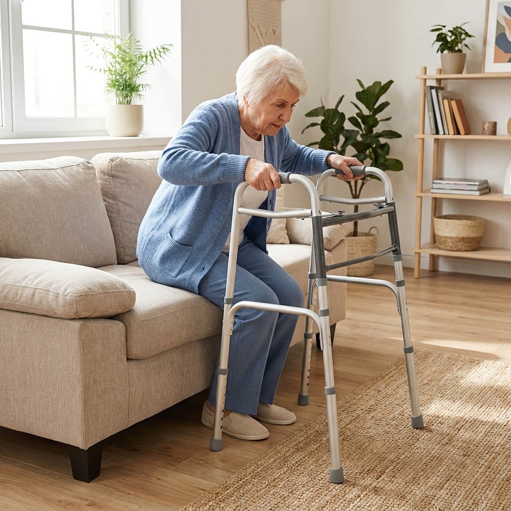 2-Button Folding Walker, 7-Level Adjustable Height, Lightweight Aluminum