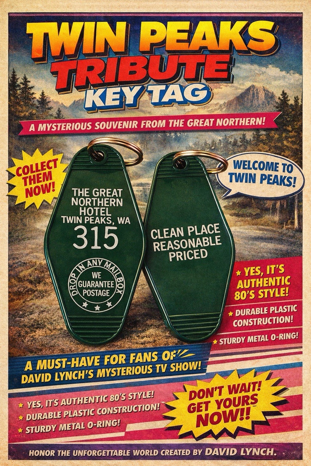 TWIN PEAKS Inspired "Great Nothern Hotel" keychain - SHIPS FROM USA