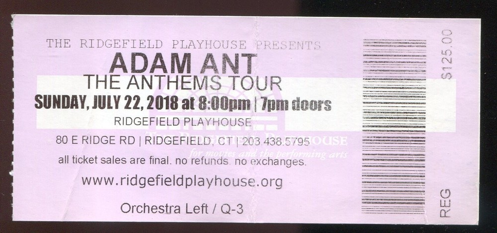 2018 Adam Ant Concert Ticket Stub Ridgefield CT