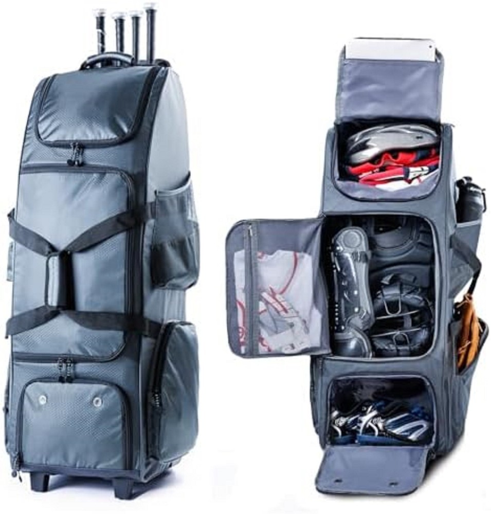 Upgraded Rolling Baseball Bag with Sturdy Hard Backing - Large Softball Bag with