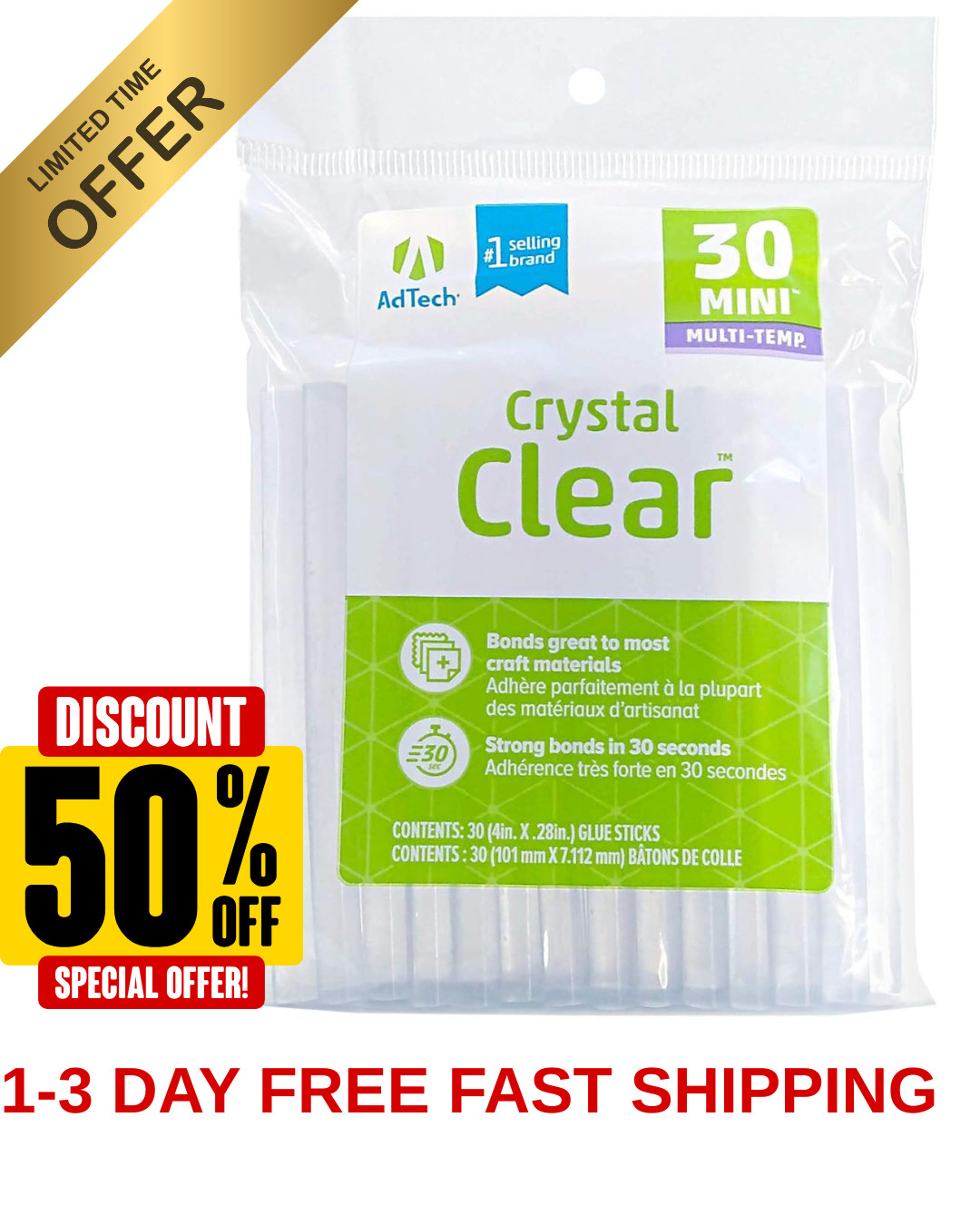 AdTech Hot Glue Sticks 4" Mini Size, Clear, 30 Sticks