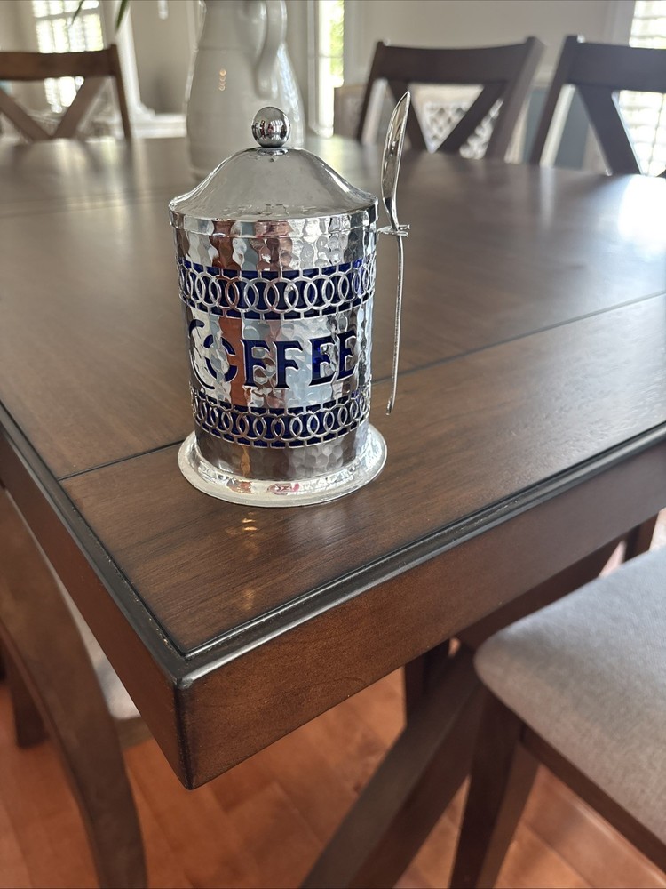 Vintage Silver Plate Coffee Canister w/Spoon, Lid & Cobalt Blue Plastic Insert