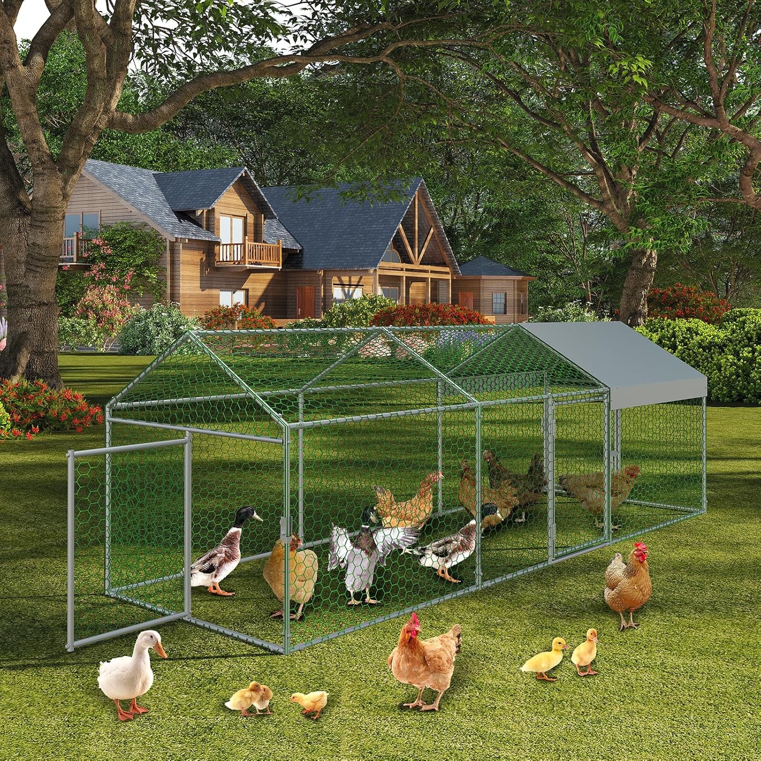 Metal Chicken Coop with Waterproof Cover & 3 Doors, Poultry Cage Outdoor, Silver