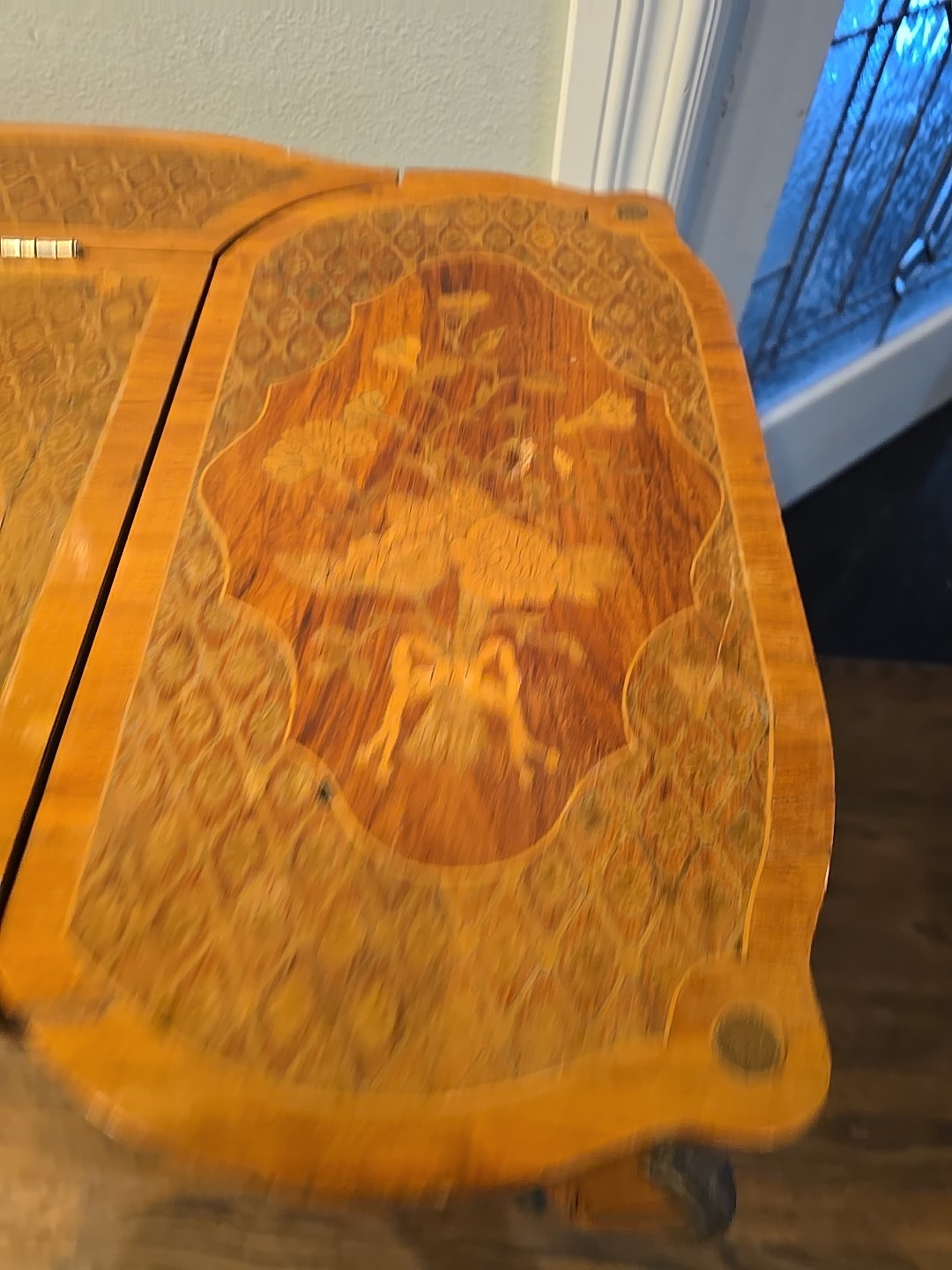 "Antique vanity table from the late 1800s with intricate inlay & a hidden mirror