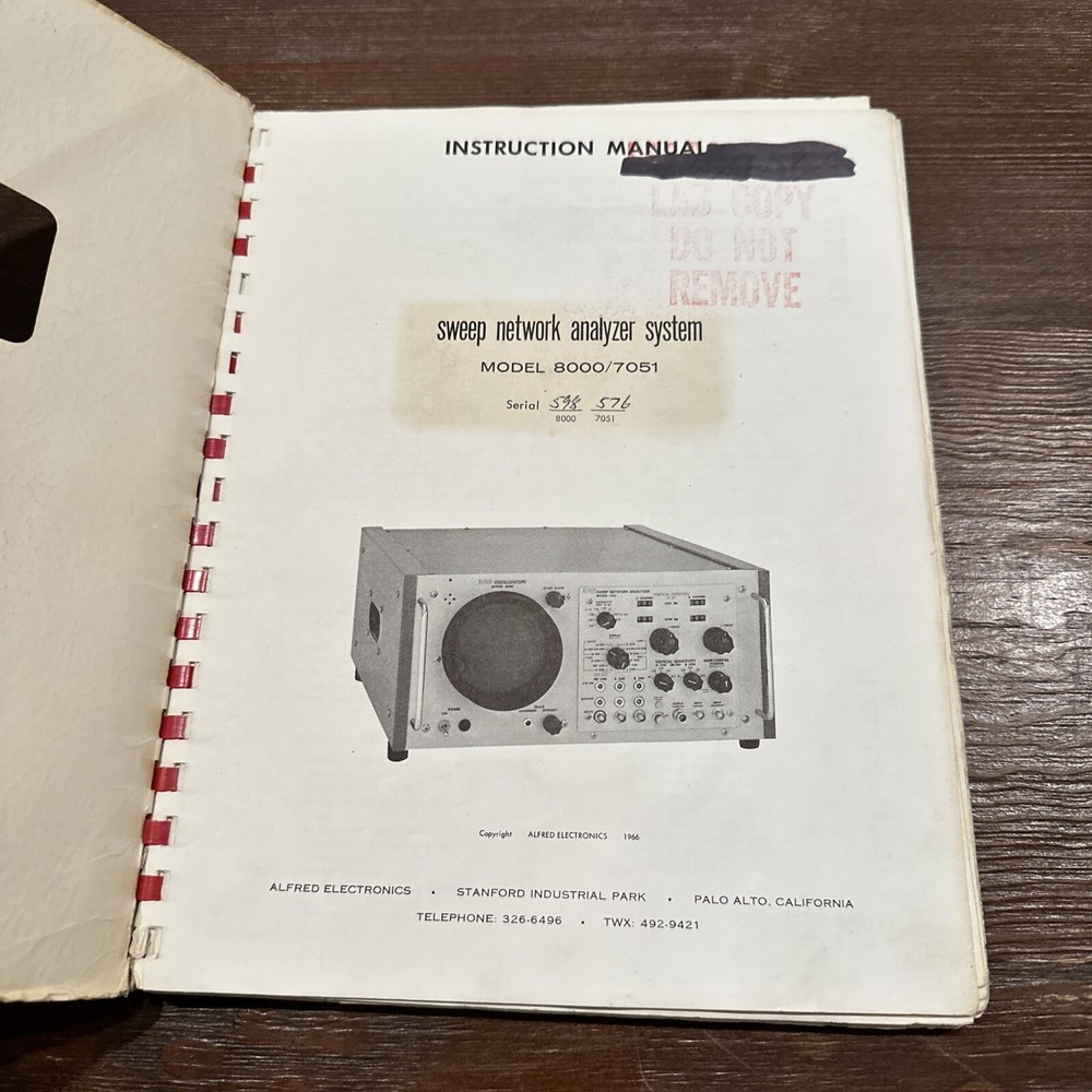 Alfred Electronics 8000/7051 Sweep Network Analyzer System Instruction 1966
