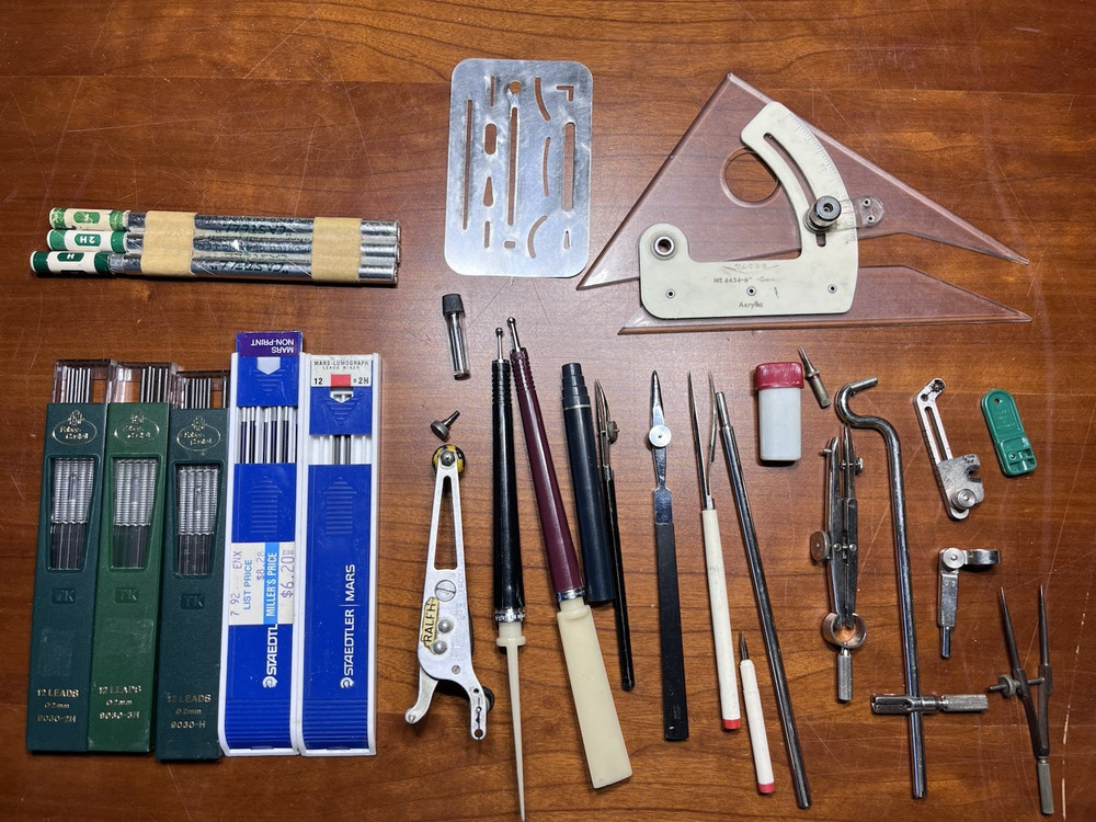 Vintage Drafting Tools Lot K+E Leroy + Tacril Protractor Set Square + Compasses