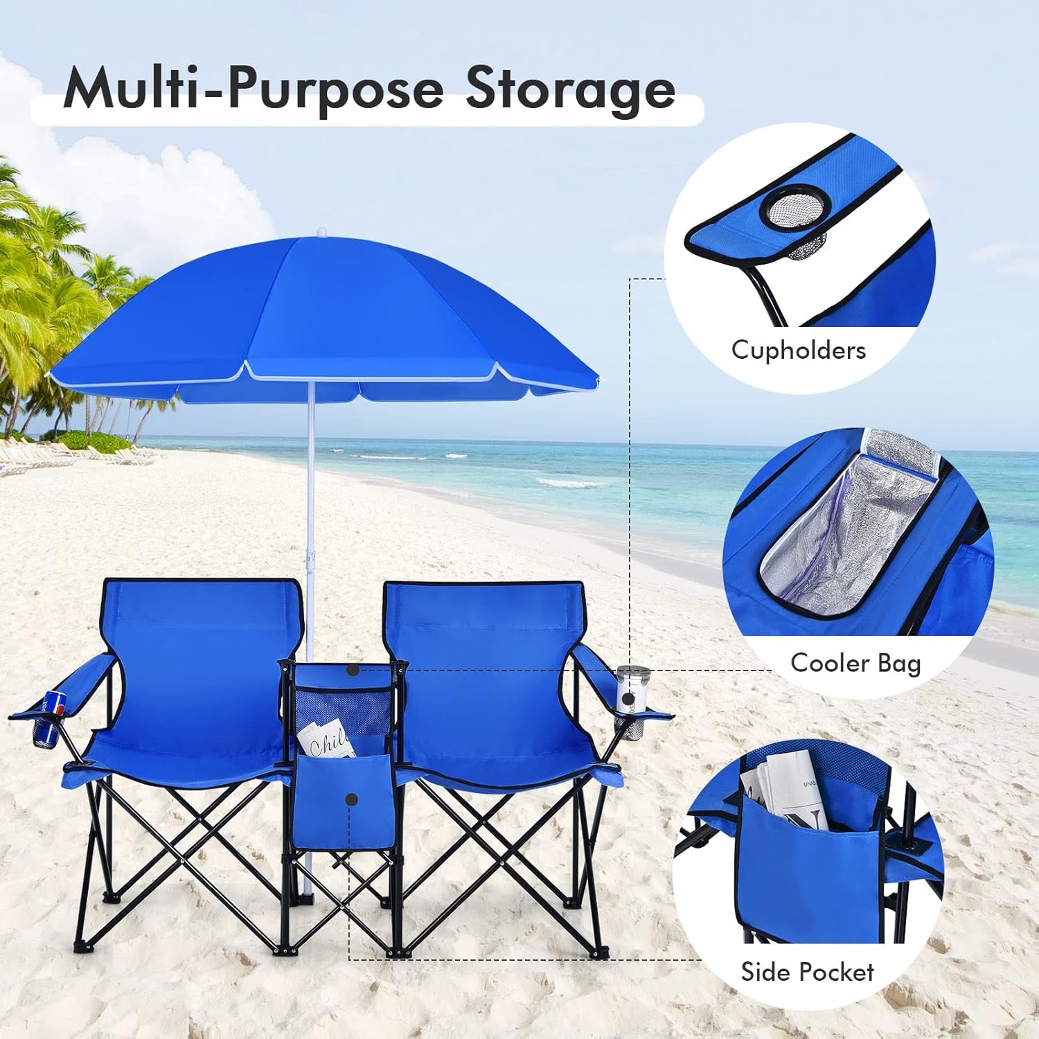 Folding Camping Outdoor Picnic Double Chair with Umbrella Table Cooler Beach New