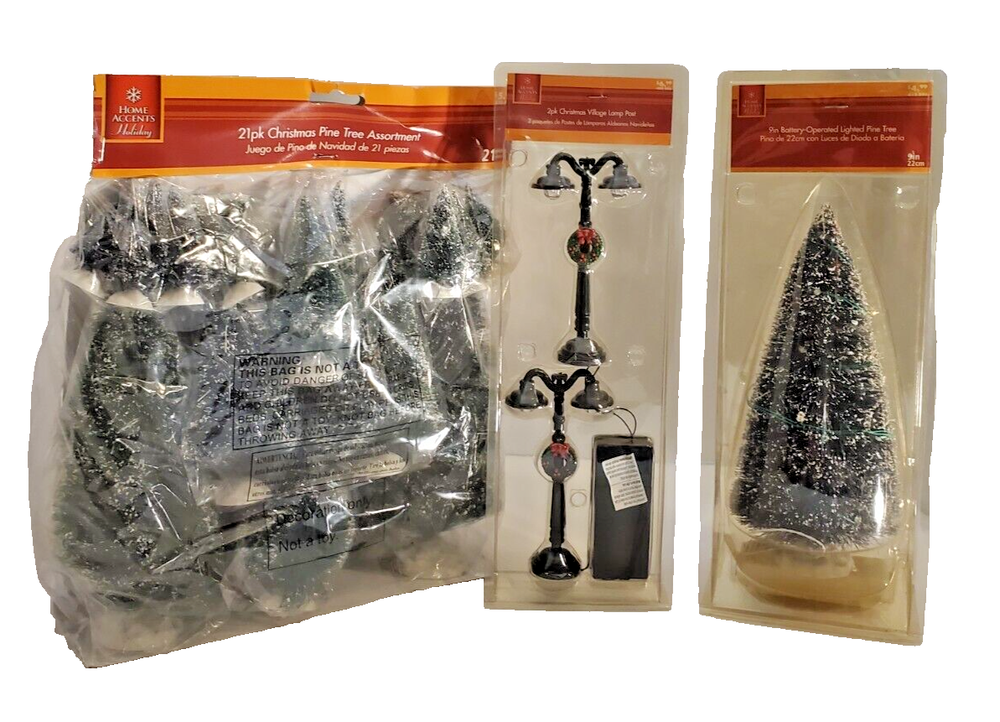 HOME ACCENTS CHRISTMAS BUNDLE 21 Pine Trees, 1 Lighted Pine Tree & 2 Lamp Posts
