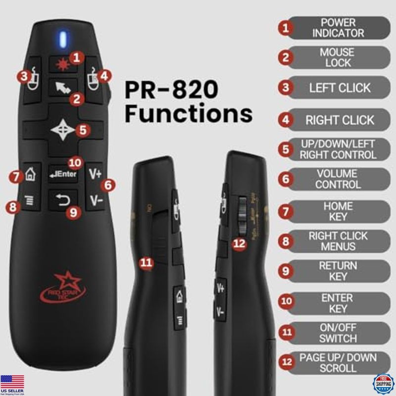 Wireless Presentation Clicker with Laser Pointer, Air Mouse for Slideshows