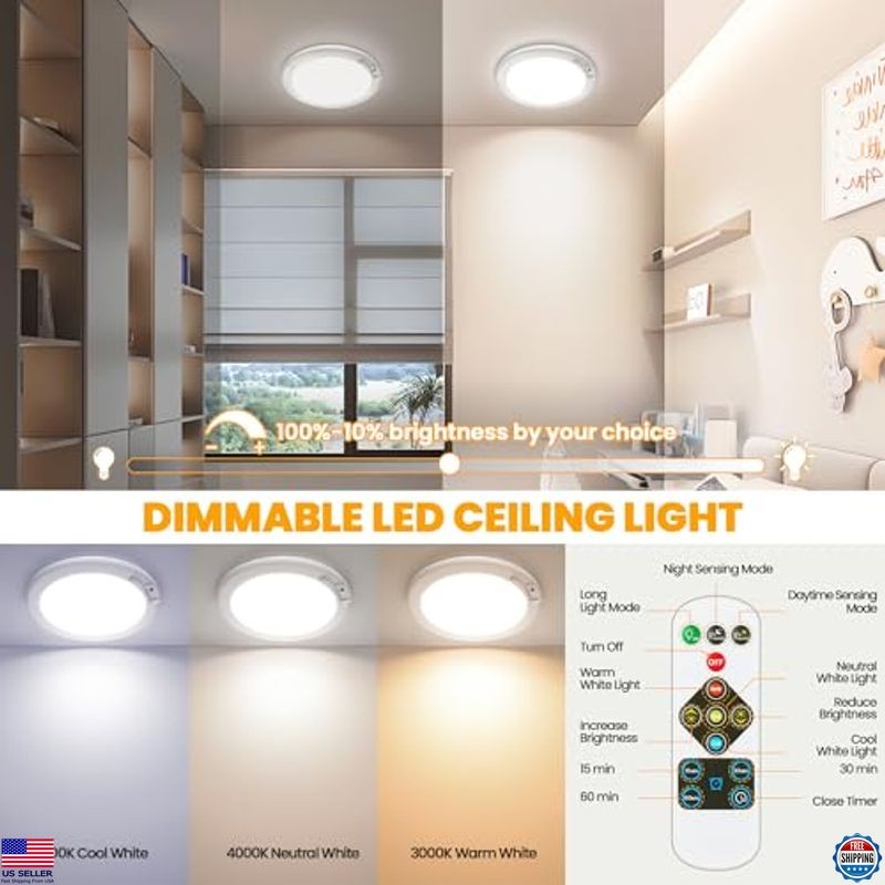 SunRider 2Pack Rechargeable Motion Sensor LED Ceiling Light with Remote, 3CCT