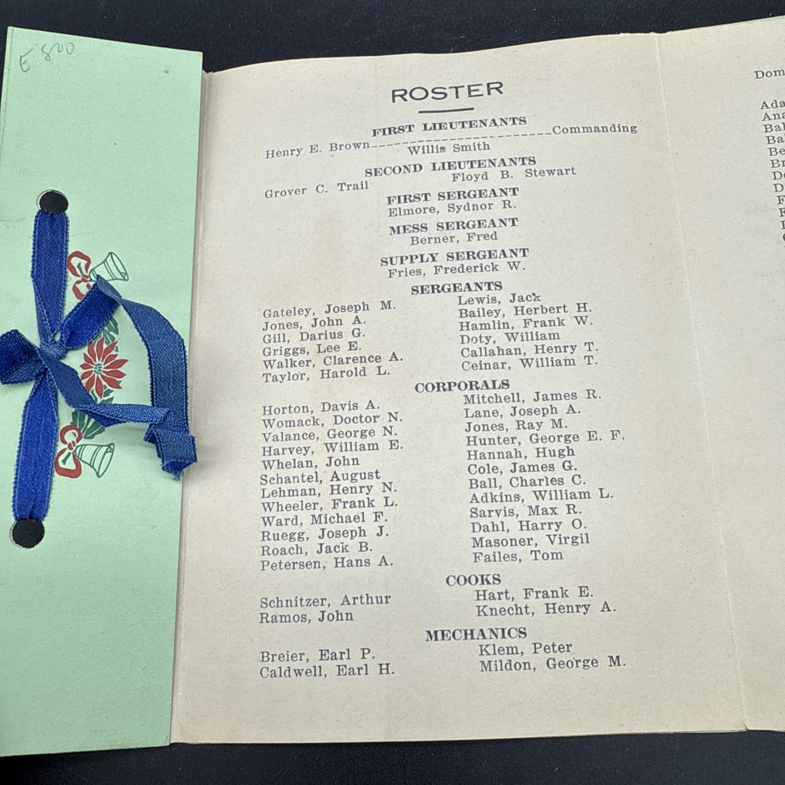 31st Infantry Division Co. A 75th Regiment Camp Lewis WA WWI 1918 Christmas Menu