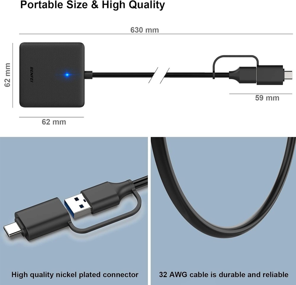 Memory Card Reader 4-in-1 USB 3.0 & USB-C Adapter for SD, Micro SD, MS, CF Cards