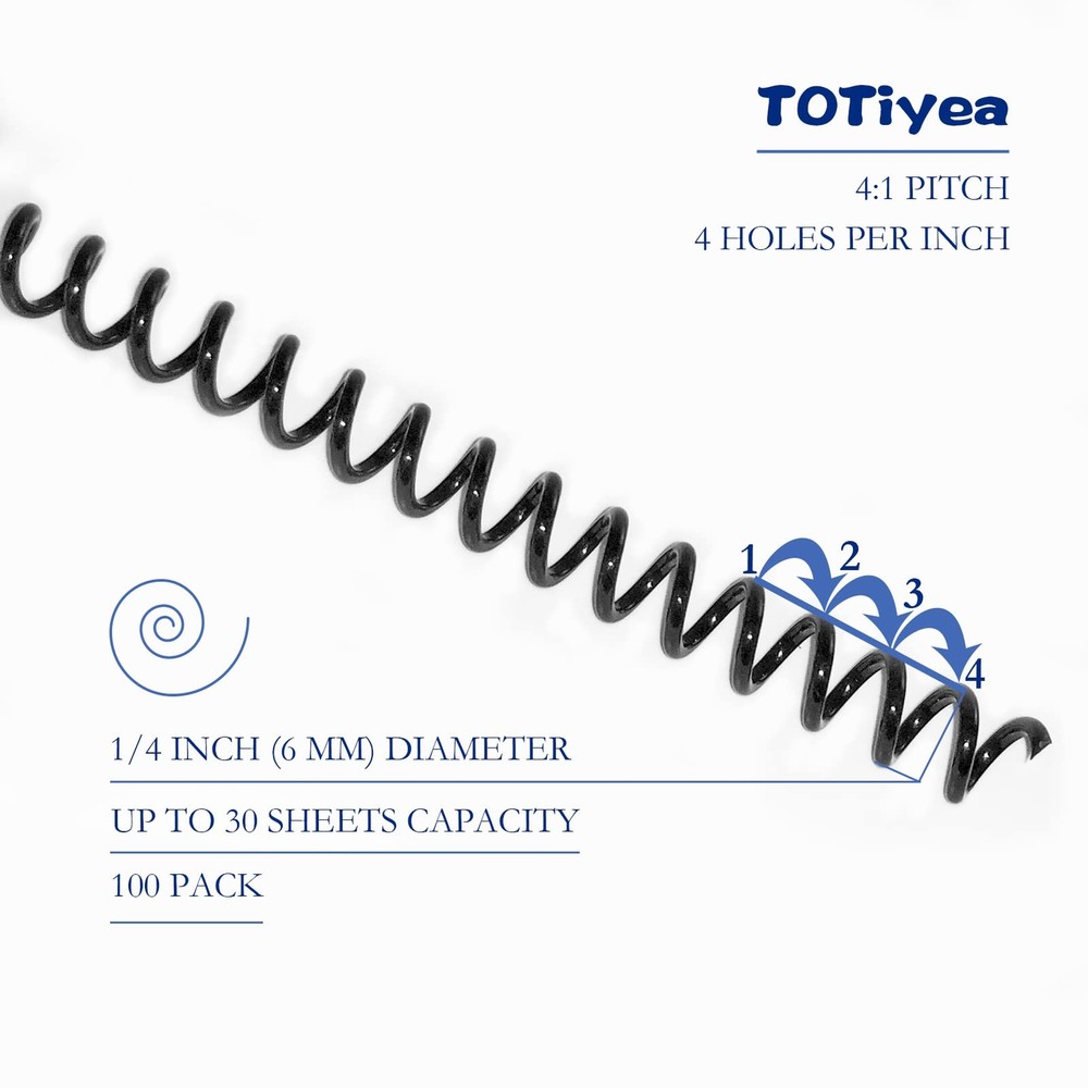 100 Pack Plastic Spiral Binding Coils6mm1/4" Binding Spirals30 Sheet Capacity...