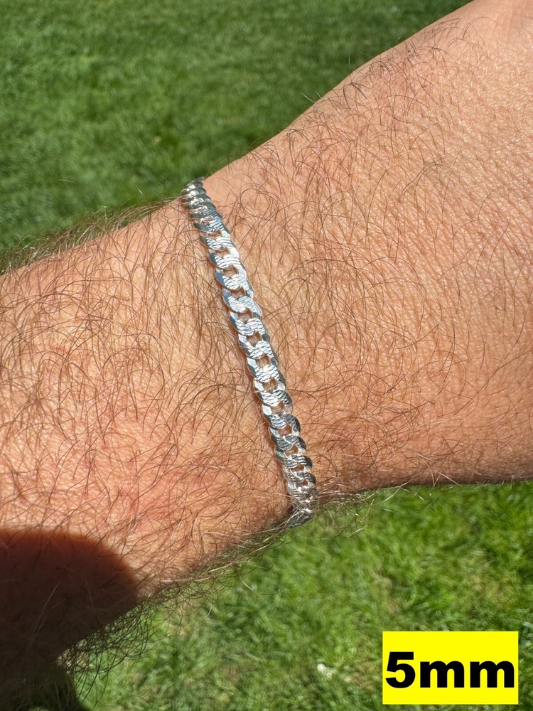 Real Solid 925 Silver Flat Diamond Cut Curb Cuban Link Bracelet 4-8mm