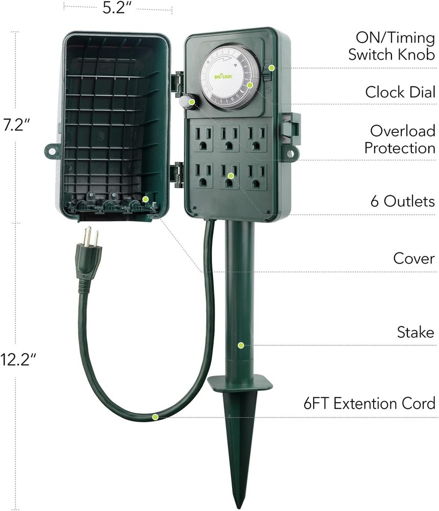 BN-LINK 24 Hour Mechanical Outdoor Multi Socket Timer - Black/Green
