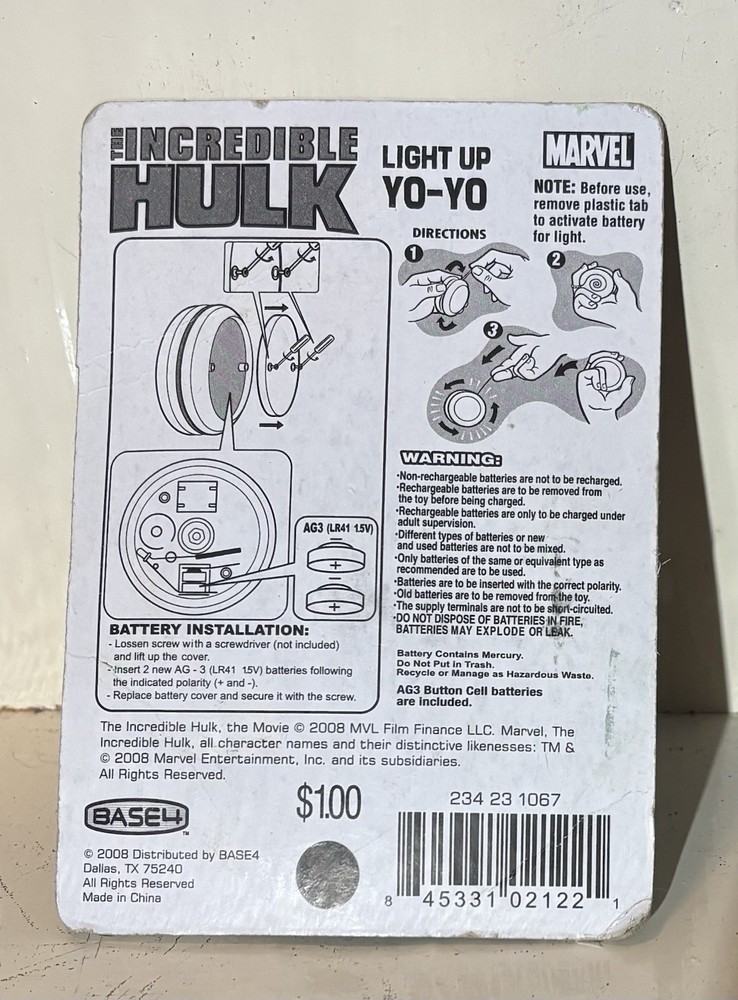 Marvel Incredible Hulk Light Up Yoyo, NIP, 2008