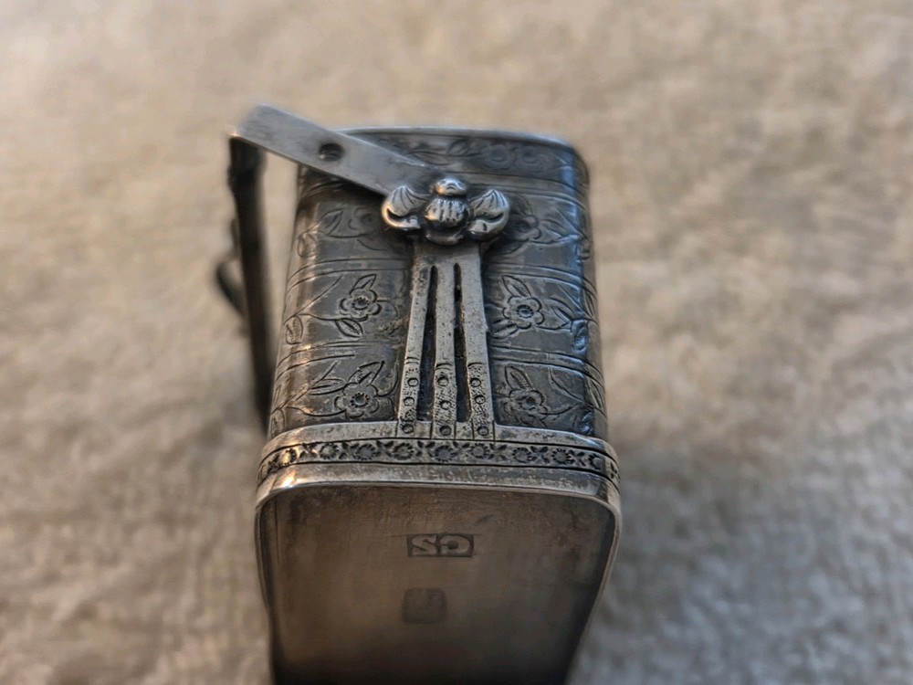 CHINESE Silver Antique Rectangular Lidded/Handled BOX Floral Engraving Marked CS