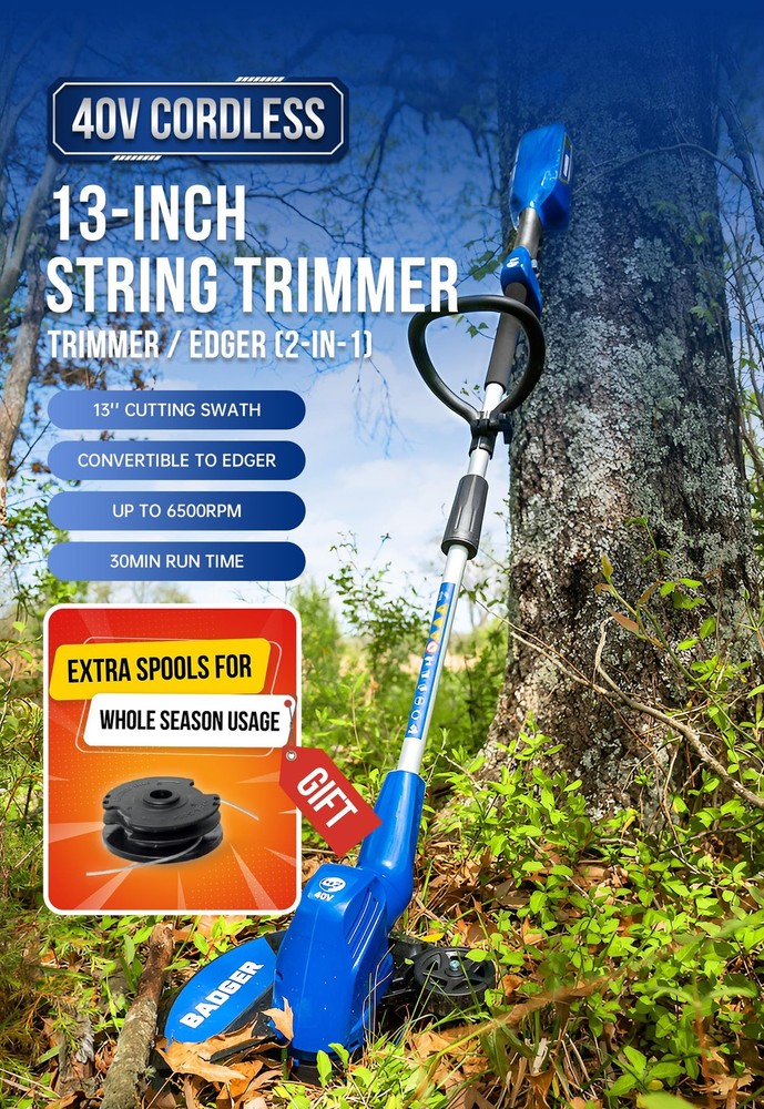 Weed Wacker 40V 13'' Cordless 2 in 1 String Trimmer/Edger with Auto Feed, 2.0...