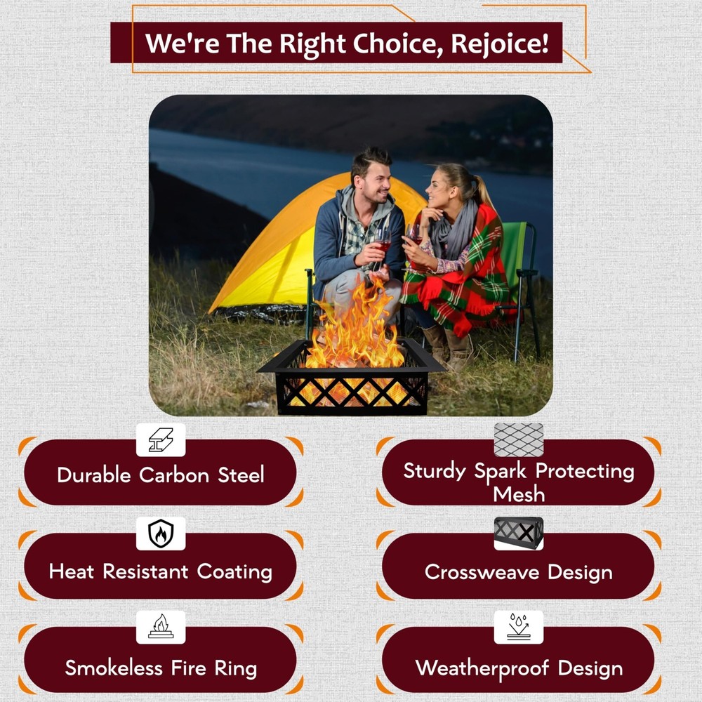 FEBTECH 36 Inch Portable Fire Pit Ring Square with Crossweave Design