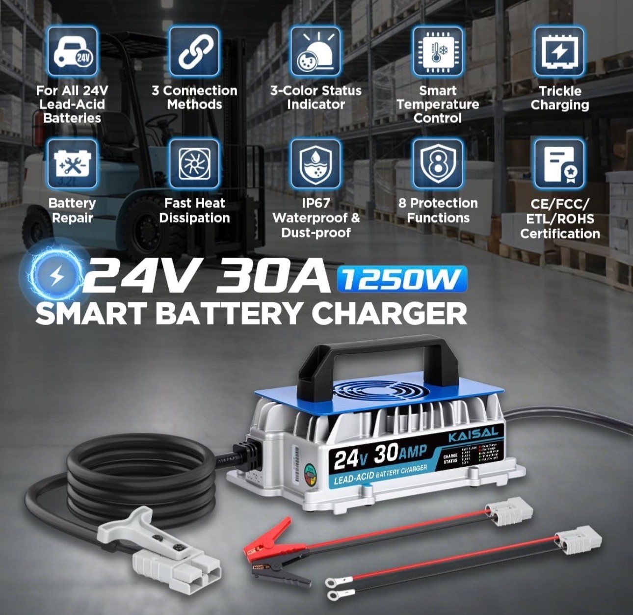 24V 30A Scissor Lift Lawn Mower 1250W Forklift Battery Charger IP67 Waterproof