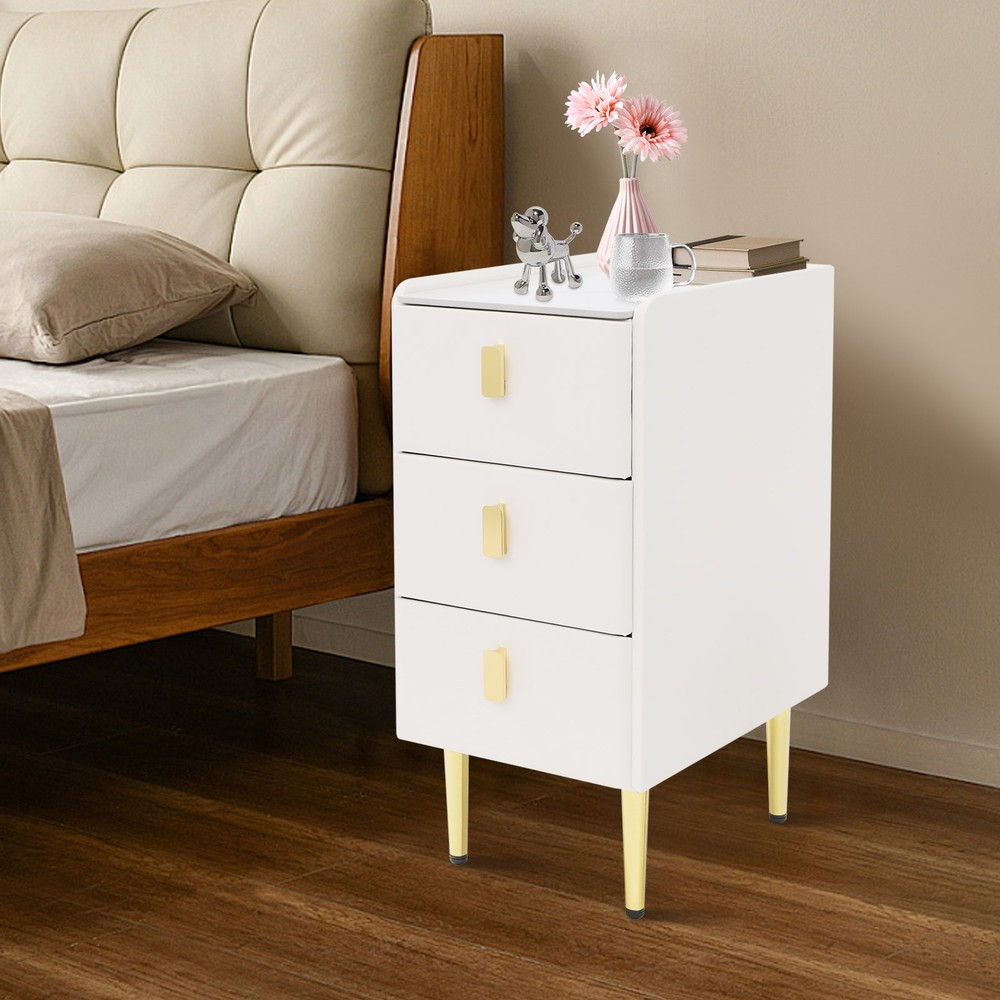 3 Drawer Narrow Side Table - Leather & Wood, Titanium-plated, Rectangular Modern