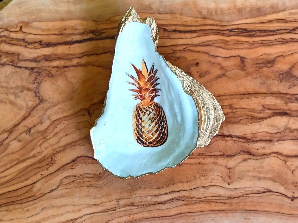 Pineapple Decoupage Oyster Shell - Gold and White Ring Dish, Seashell Decor