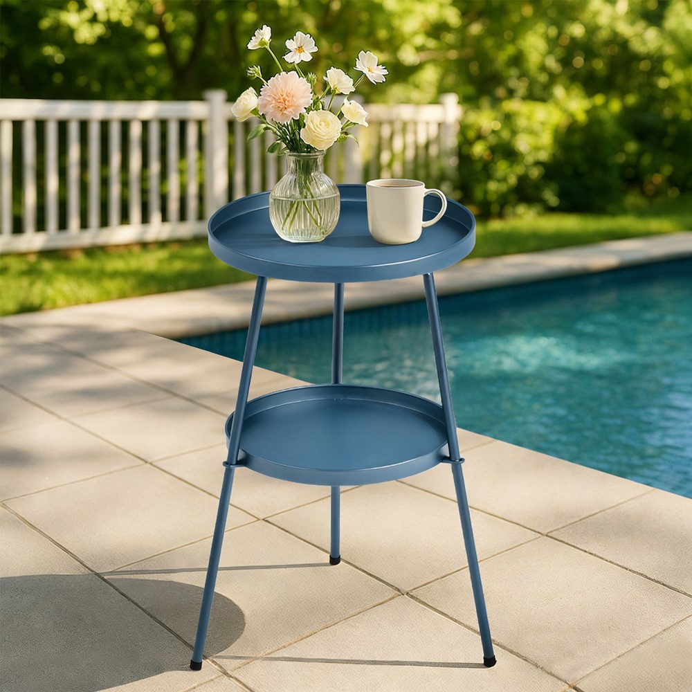 Patio Small Side Table, Round 2 Tier End Table, Metal Round Coffee Table