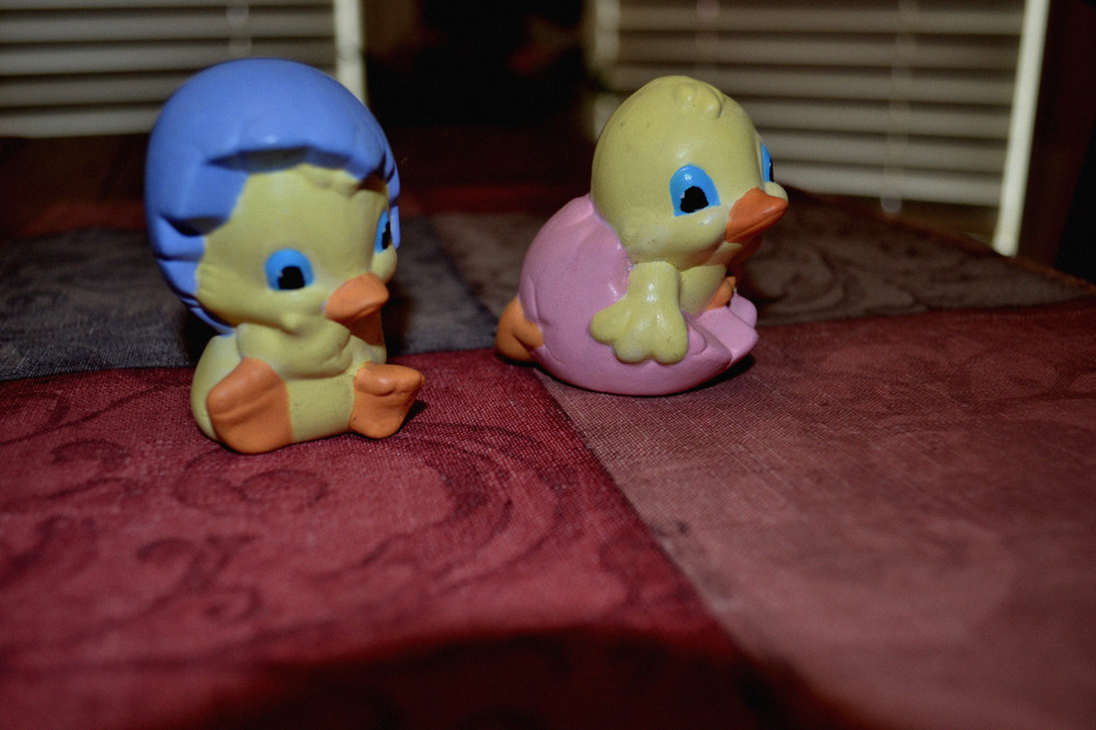 2 Easter Chicks Hatching from Hand Painted Ceramic Eggs Pink & Purplish Blue