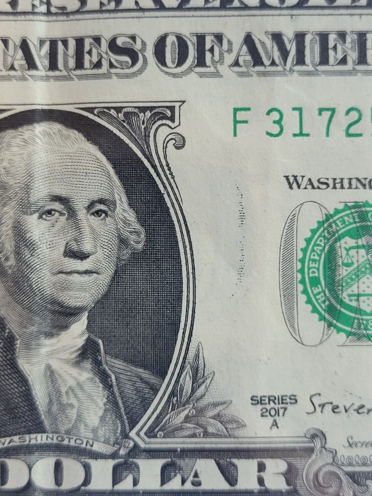 2017A One Dollar Mutiple Errors Misaligned, Gas Pump, Ink Smear Ink Bleed