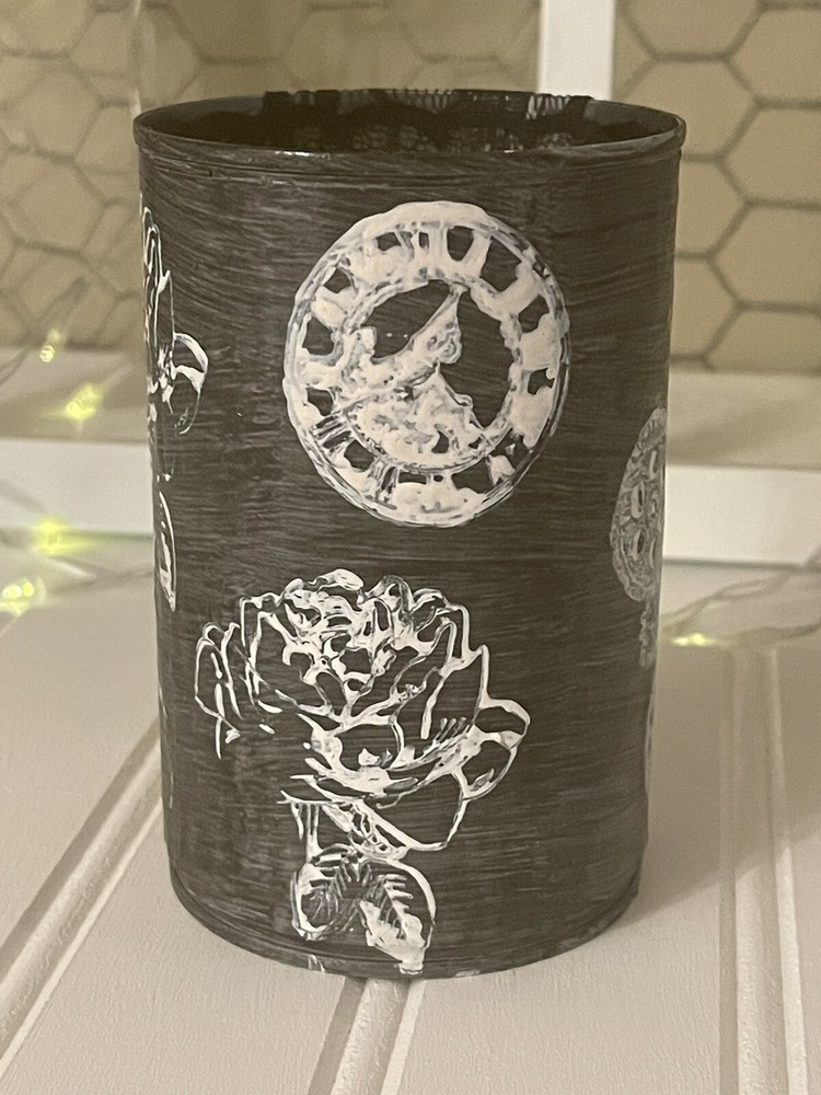 tin can decor handmade- Time Clock-U-Out Decoupaged 4.5” High 3”diameter