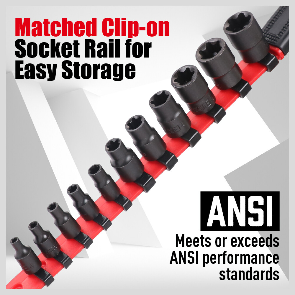 11PC Female E-TORX Star Socket Set External E4-E20 Torque 3/8" 1/4" Dr. & Rail